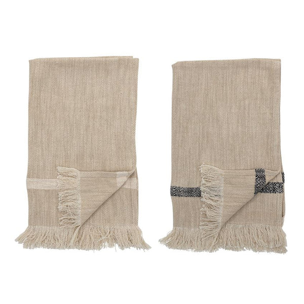28"L x 18"W Woven Cotton Striped Tea Towels with Fringe, Natural, Set of 2