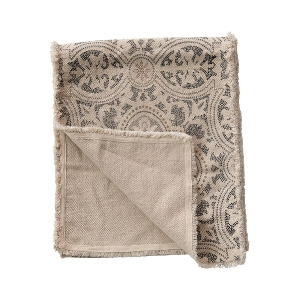 Grey & Cream Cotton Printed Table Runner with Frayed Edge