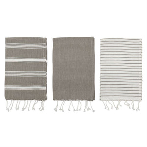 Woven Cotton Striped Tea Towels with Tassels, Grey & White, Set of 3