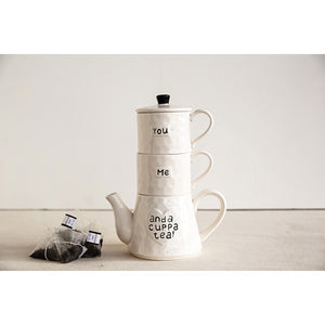 White Stoneware Stackable Teapot & Two Mugs
