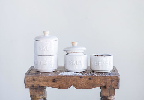 Set of White Stoneware Stackable Salt & Pepper Pots w/ Lid