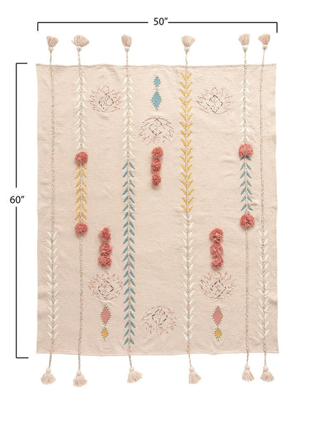Pink Cotton Embroidered Throw w/ Tassels & Applique