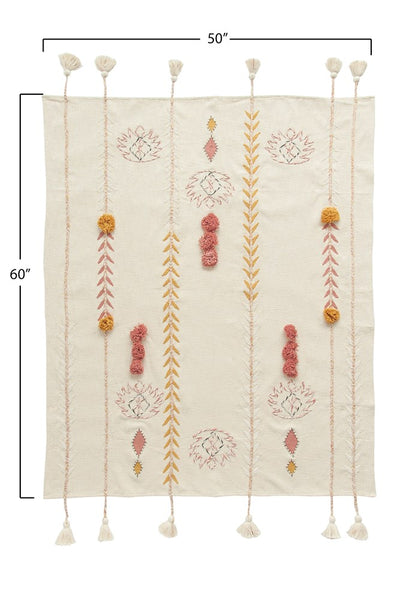Cream Color Cotton Embroidered Throw w/ Tassels & Applique