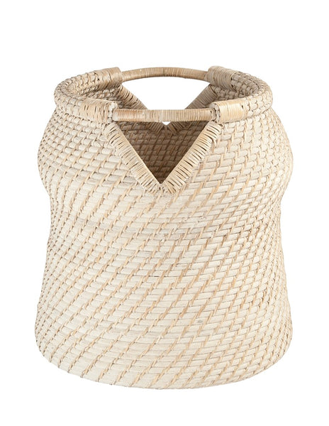 Whitewashed Hand-Woven Rattan Basket w/ Handles