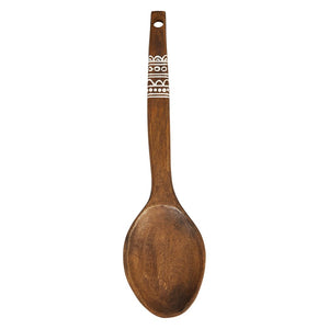 Decorative Mango Wood Wall Hanging Spoon w/ Hand-Painted White Pattern