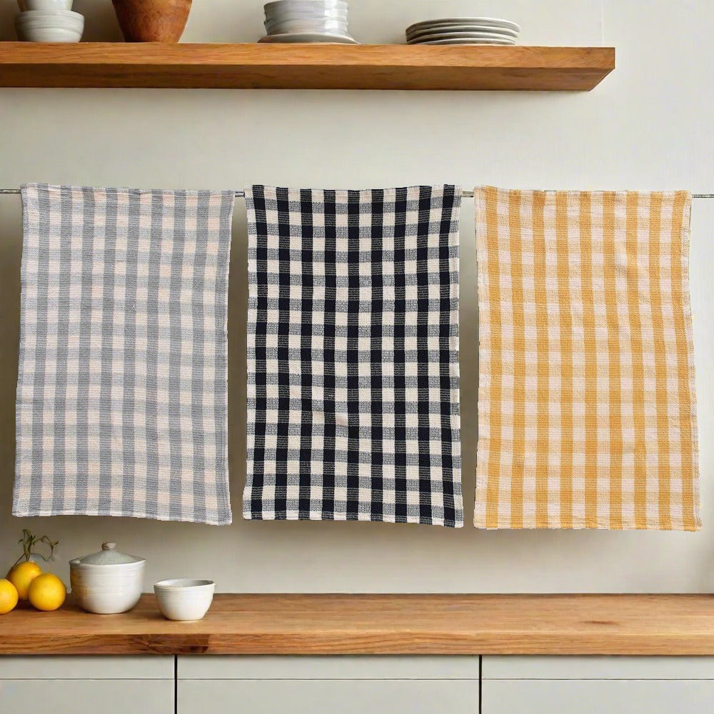 Set of Gingham Cotton Waffle Weave Tea Towels