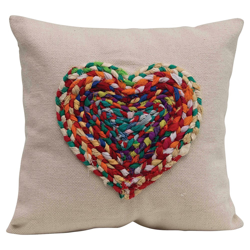 20" Square Cotton Pillow w/ Chindi Fabric Heart Applique