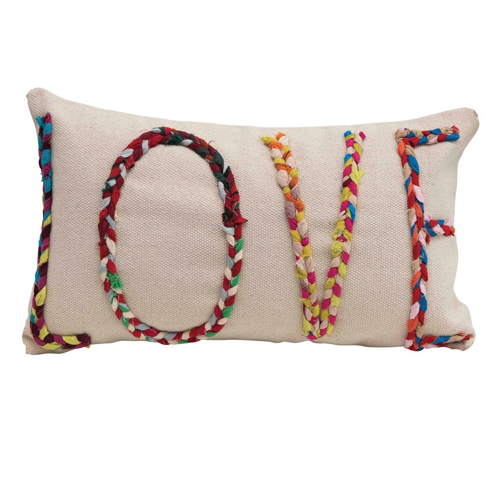 24"L x 14"H Cotton Lumbar Pillow w/ Chindi Fabric Applique, Multi Color "LOVE"