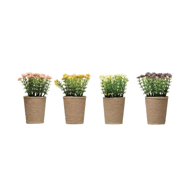 Faux Blooming Plant in Paper Pot! Four Color Options!
