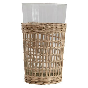 3-1/4" Round x 5-1/4"H 12 oz. Drinking Glass w/ Woven Seagrass Sleeve