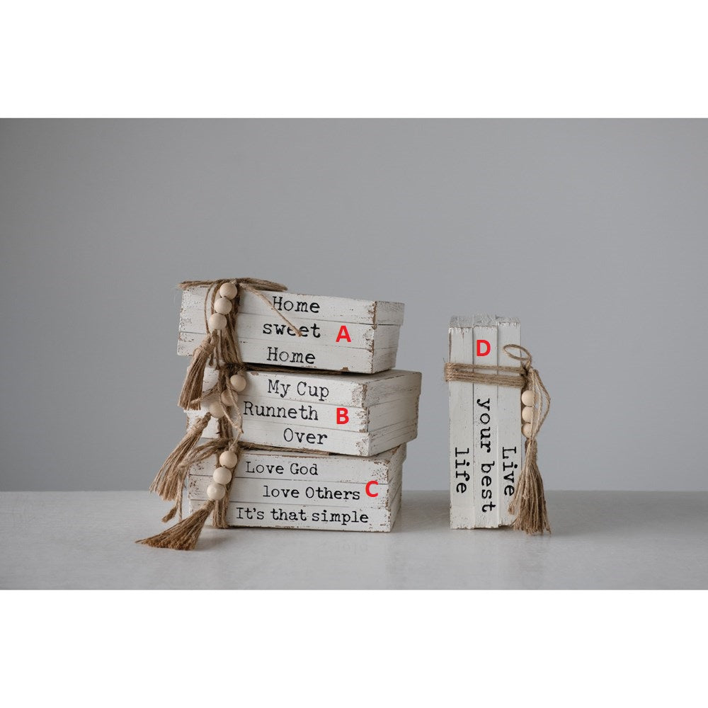 Wood Block Books with Saying & Jute Tie! FOUR Styles!