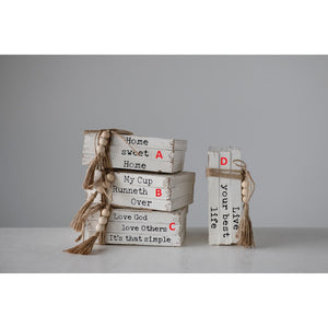 Wood Block Books with Saying & Jute Tie! FOUR Styles!