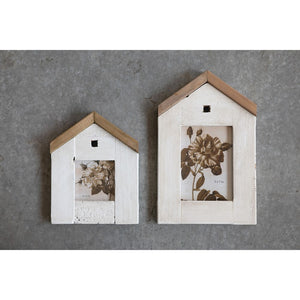 7.5"L x 9.5"H Reclaimed Wood House Shaped Photo Frame, White (Holds 4" x 4" Photo)