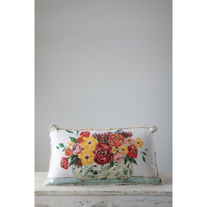 Cotton Lumbar Pillow with Fringe & Flowers in Vase