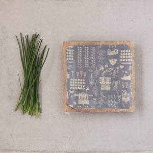 8" Blue Square Enameled Mango Wood Tray with Farm Print