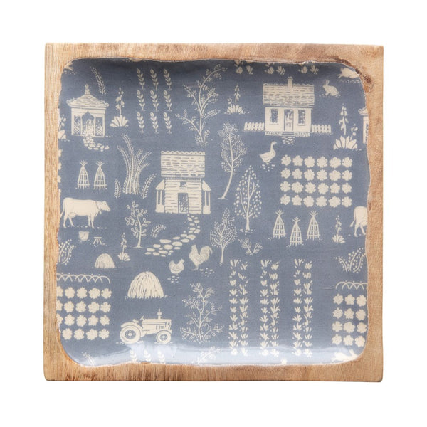 8" Blue Square Enameled Mango Wood Tray with Farm Print