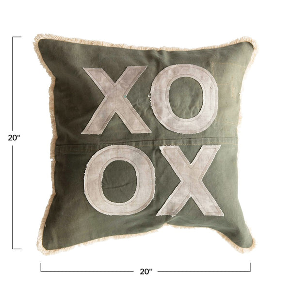 Green & Natural Color Square Recycled Cotton Canvas Pillow w/ Applique "XO" & Eyelash Fringe