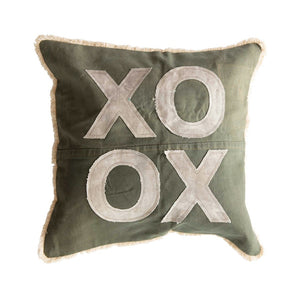 Green & Natural Color Square Recycled Cotton Canvas Pillow w/ Applique "XO" & Eyelash Fringe