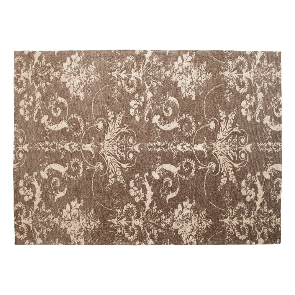 5' x 7' Brown & Cream Color Cotton Chenille Jacquard Rug w/ Damask Pattern