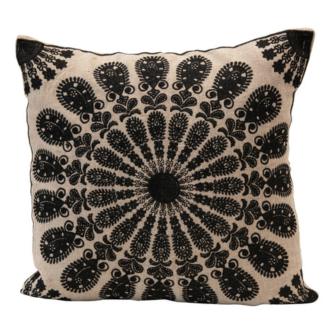 Square Cotton Natural and Black Embroidered Pillow