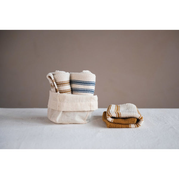 Square Cotton Knit Striped Dish Cloths, Mustard Color, Brown & Blue, Set of 3 in Cotton Bag
