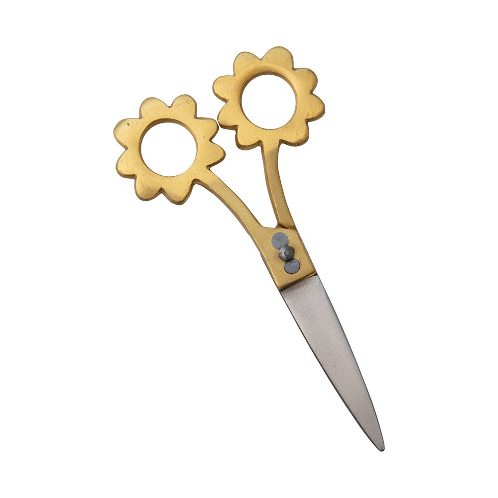 Metal Scissors with Flower Shaped Handles, Brass Finish
