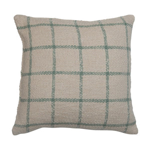 20" Square Woven Cotton Plaid Pillow, Green & Cream Color