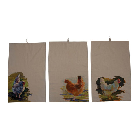 28"L x 18"W Cotton Chambray Tea Towel w/ Chicken Image, 3 Styles