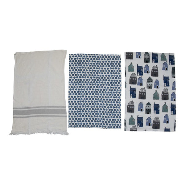 Cotton Tea Towels, Blue & White, Set of 3