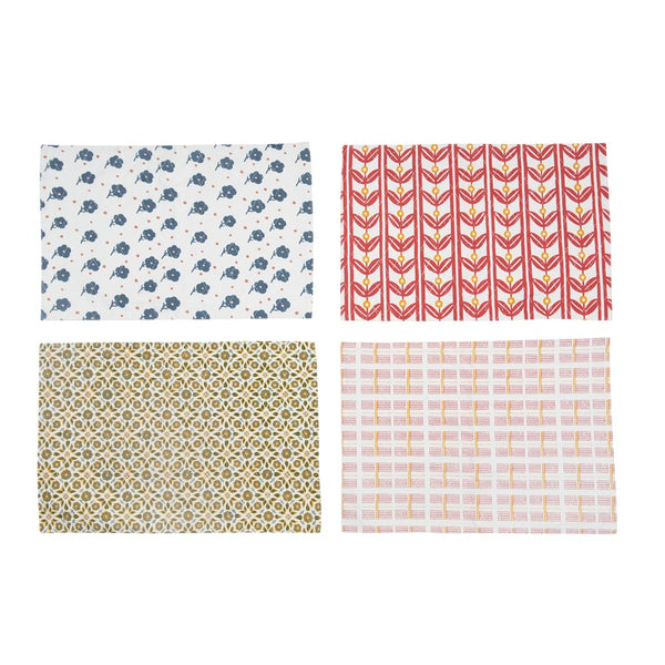 19"L x 13"W Cotton Printed Placemat, Multi Color, 4 Styles