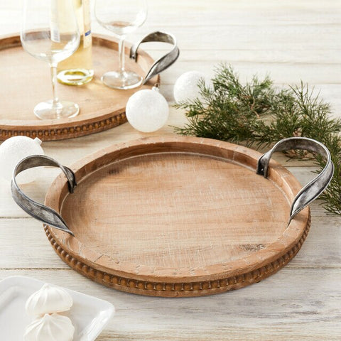 Small Round Wooden Tray with Serving Handles