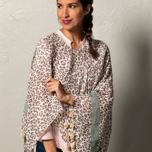 Animal Print Poncho in Taupe with Sage