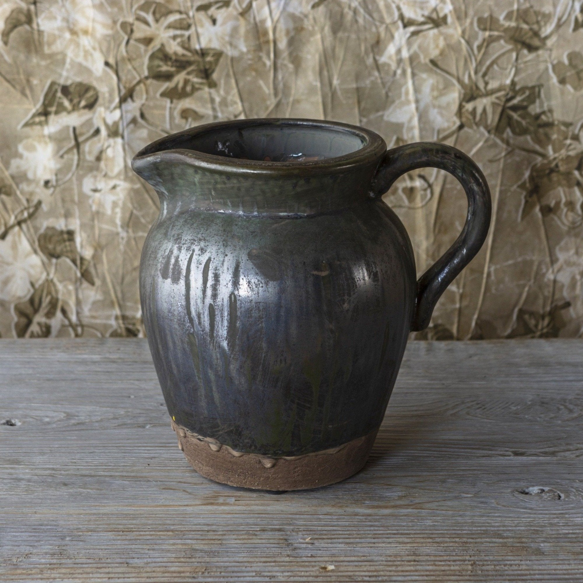 Aged Olive Dripped Glazed Pottery Flower Pitcher Vase Large