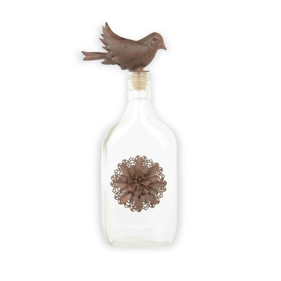 10" Glass Bottle w/Metal Flower Detail & Bird Lid!!! NEW!!!