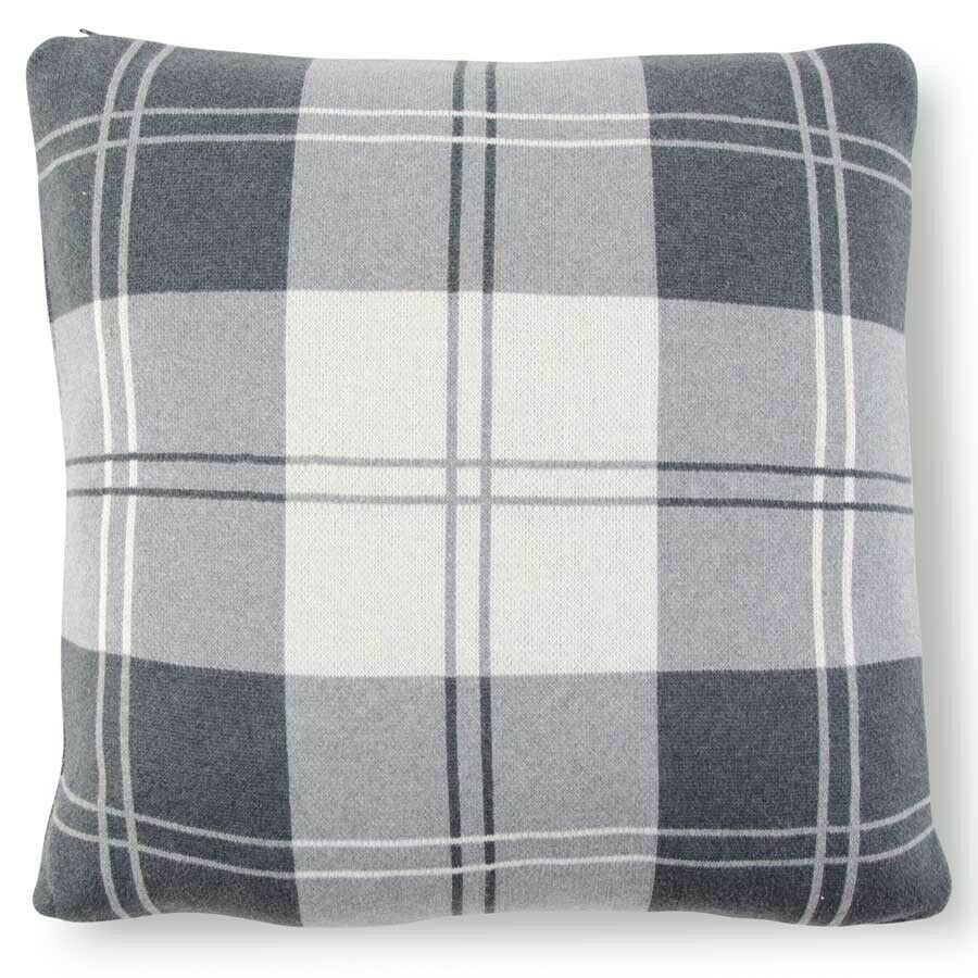 20 Inch Cotton Knit Gray & Cream Tartan Plaid Pillow