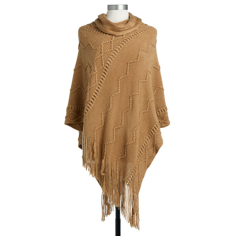 Textured Cowl Neck Poncho- Camel