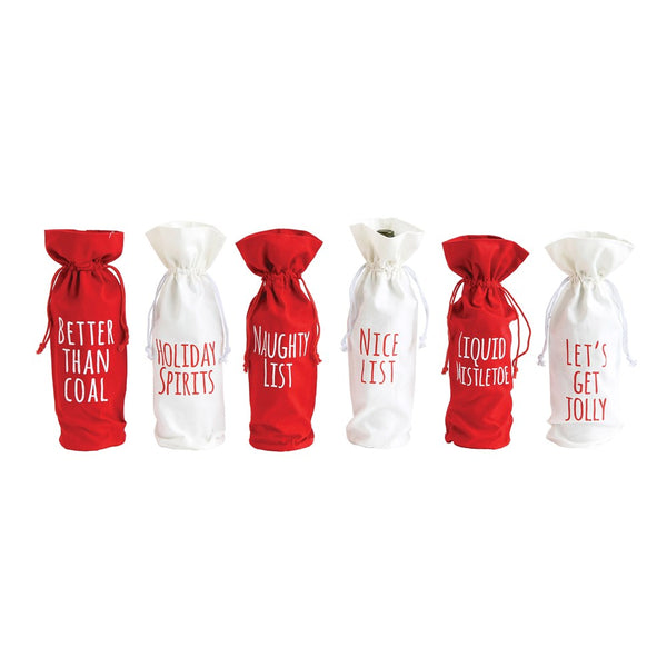 Fabric Drawstring Wine Bag w/ Words, Red & White! SIX Styles!!