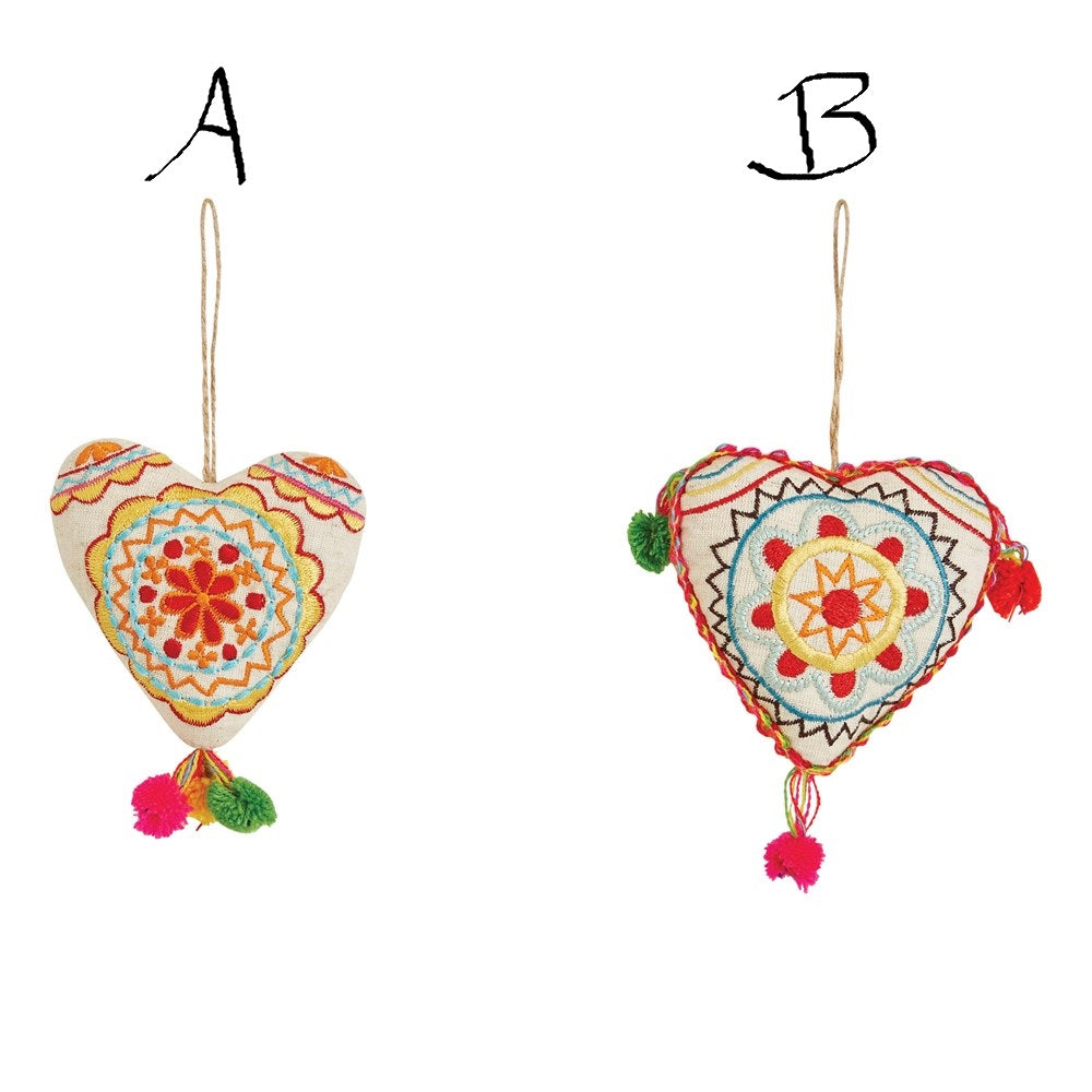 Embroidered Fabric Heart Ornament w/ Pom Poms! Two Styles!