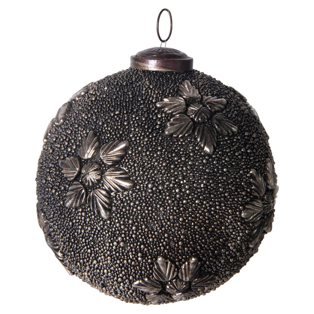 Antique Gunmetal Finish Round Glass Ball Ornament w/ Metal Flowers