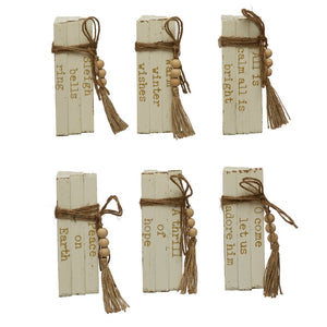 Wood Block Faux Books w/ Holiday Saying, Wood Beads & Jute Tie, White & Gold, 6 Styles