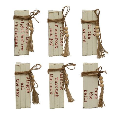 Wood Block Faux Books w/ Holiday Saying, Wood Beads & Jute Tie, White & Red, 6 Styles