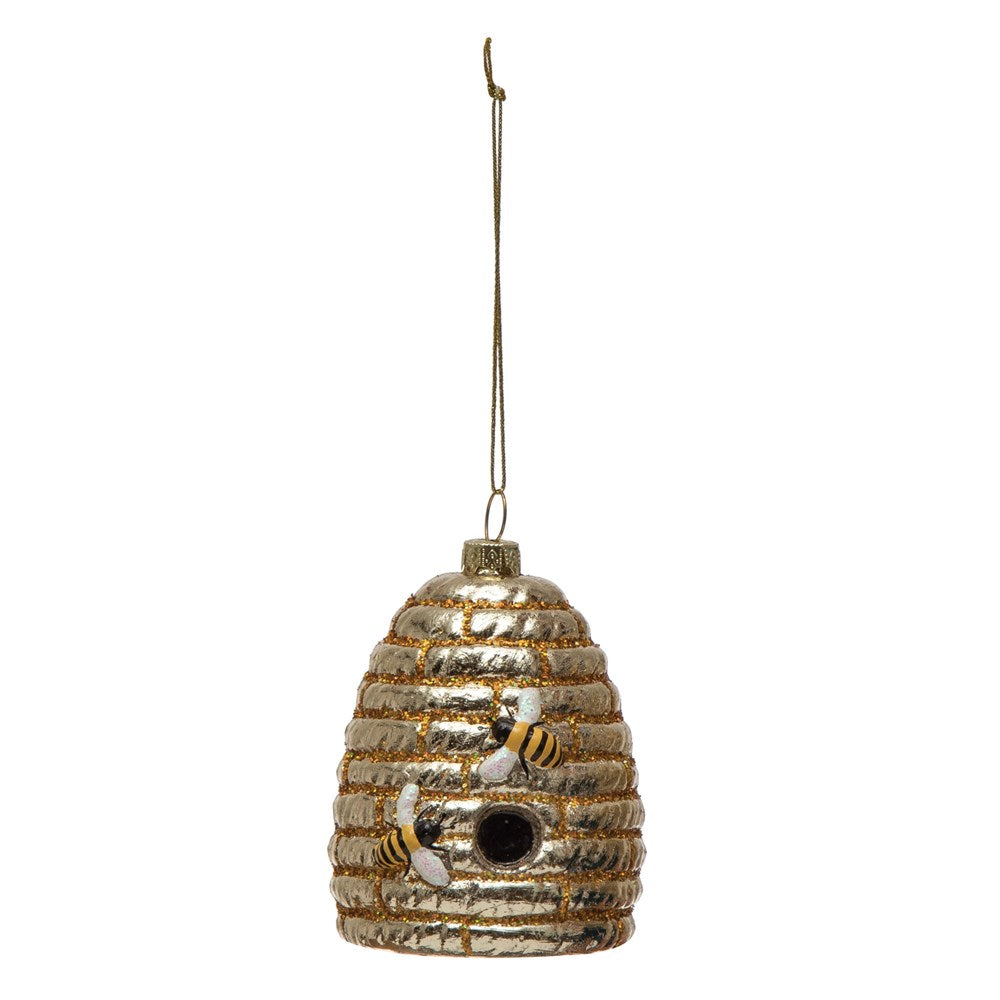 Hand-Painted Glass Bee Skep Ornament w/ Bees & Glitter