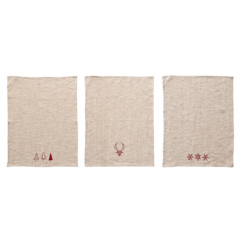 27"L x 20"W Linen & Cotton Embroidered Tea Towel, Natural & Red, 3 Options